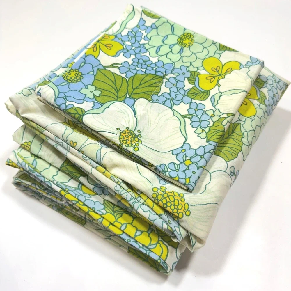 Vintage 70's Fieldcrest Perfection Twin Sheet Set 3 Pc Retro Blue Green Floral